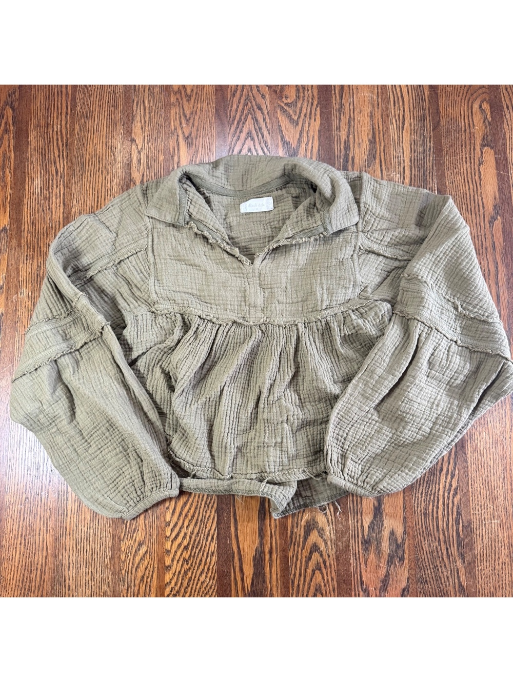 Altar'd State Cotton Gauze Babydoll Top Olive Green Raw Edge Balloon Sleeve M